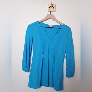 Lilly Pulitzer Tunic Top Pima Cotton 3/4 Sleeve Pleated Blue Resort Braelyn XS